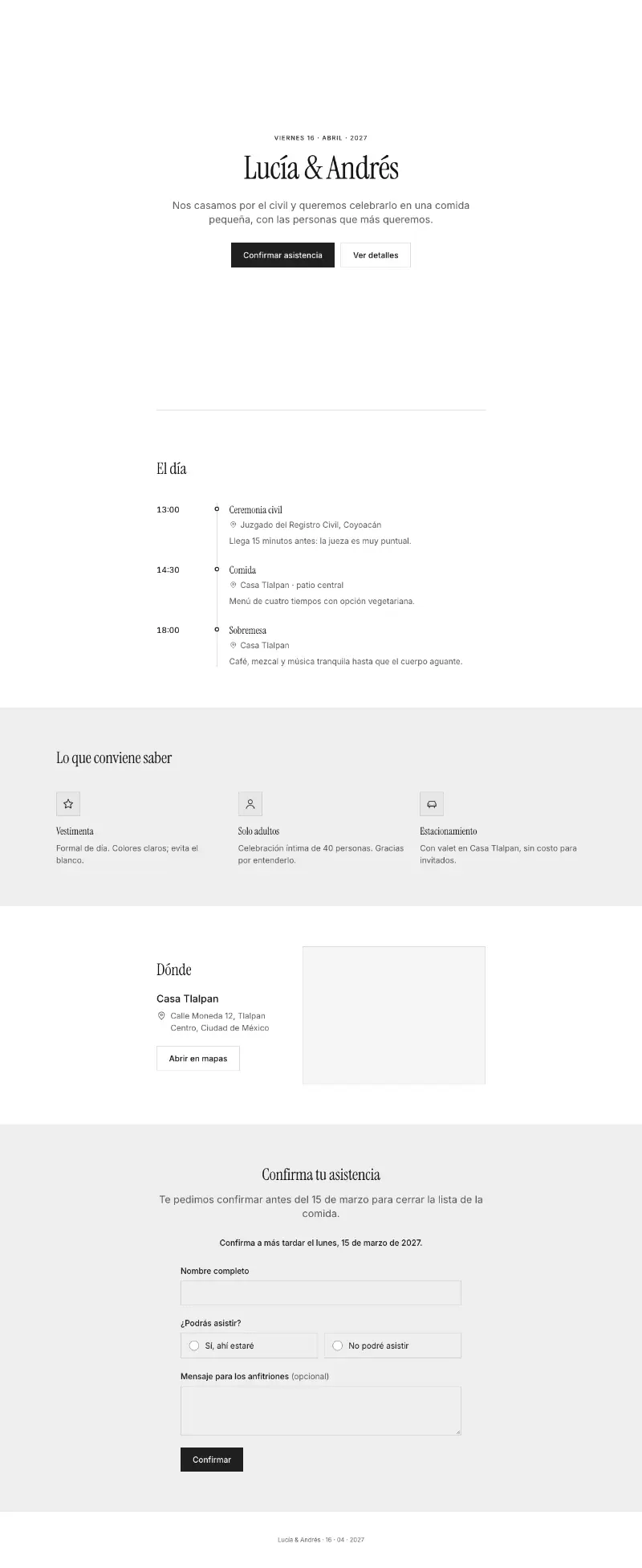 Sitio web de boda «Boda civil minimalista» en un celular