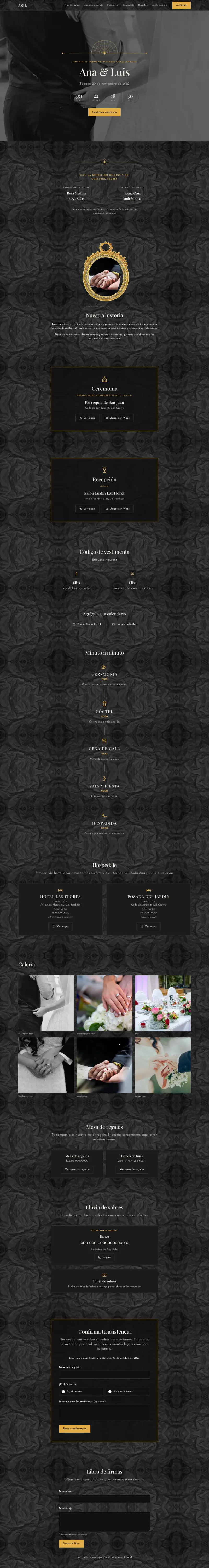 Sitio web de boda «Boda minimal negro y dorado» en un celular